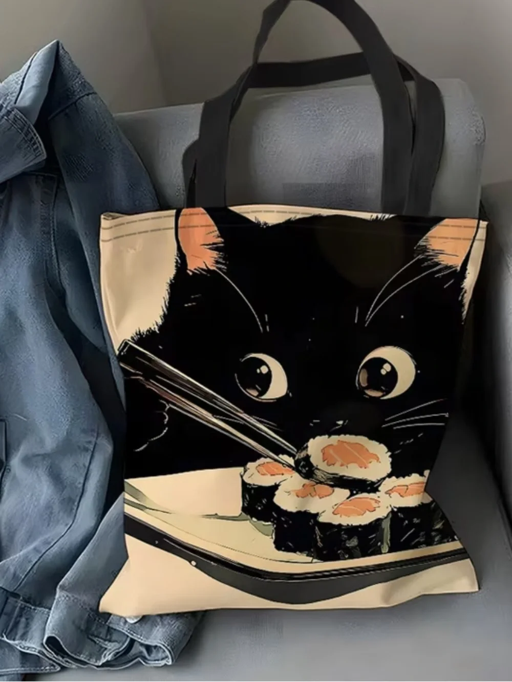 Cute Black Cat Sushi Tote Bag | Kawaii Canvas Shoulder Bag | Cat Lover Reusable